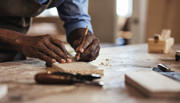 Carpenter marking wood with pencil
