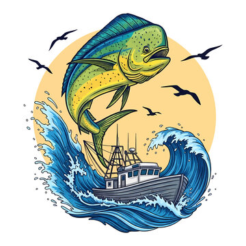 Mahi mahi jumping out of water with fishing boat on big ocean waves and sunset background