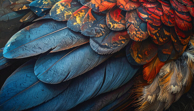 Close up of vibrant bird feathers displaying intricate details and textures