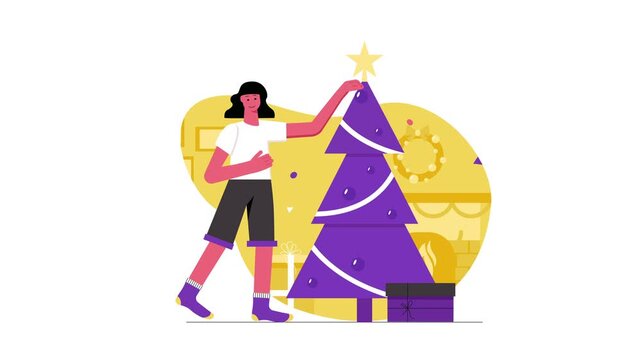Woman decorating Christmas tree with star and gift boxes, flat vector