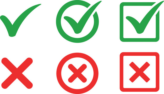 Collection of tick and x symbols in circular shapes for success failure yes no decision icons modern flat vector style