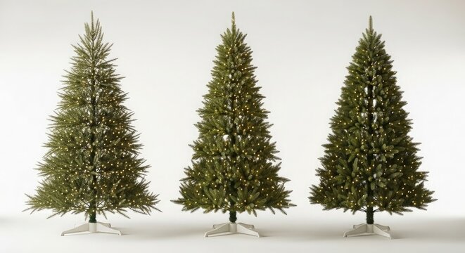 Three artificial christmas trees with different shapes and sizes