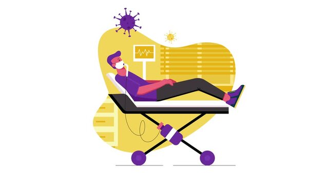 Animated patient in quarantine bed with IV drip and virus icons