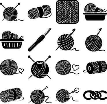 Collection of black and white icons depicting yarn balls, Knitting needles, And crochet hooks for craft and textile concepts