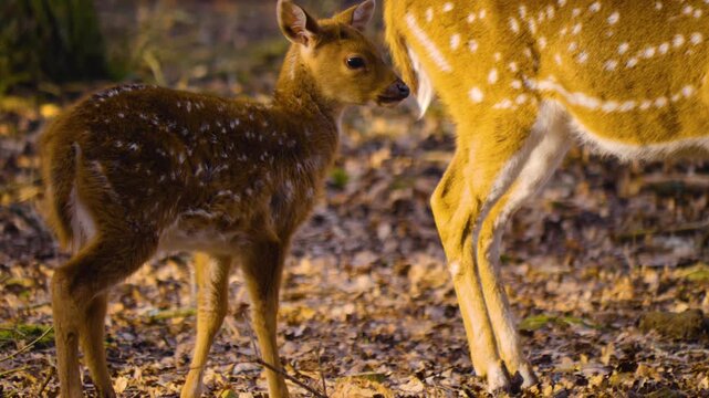 Close up of an axis deer fawn standing in the forest with his mother on a sunny autumn day and drinking from her udder