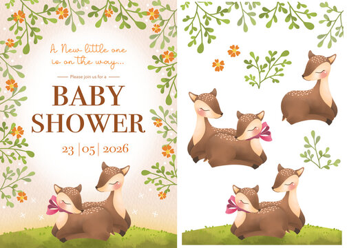 Baby shower invitation party card, a couple deer with trees.