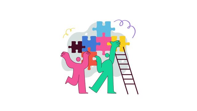 Animated abstract people assembling colorful jigsaw puzzle with ladder