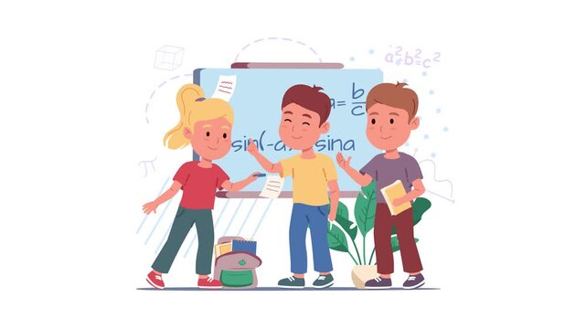 Animated schoolchildren learning math beside classroom chalkboard