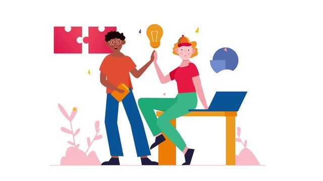 Diverse coworkers sharing idea beside laptop in creative team animation