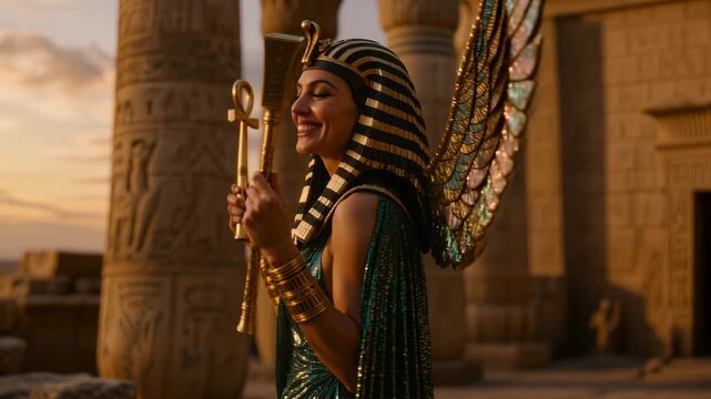 Beautiful Egyptian goddess Isis with golden glowing wings holding ankh scepter in ancient Egypt temple. Cinematic divine woman for mythology, fantasy and history projects.