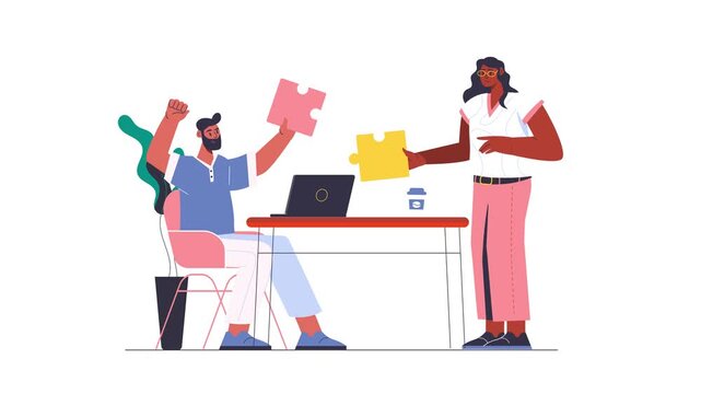 Animated diverse team assembling puzzle pieces around laptop in office