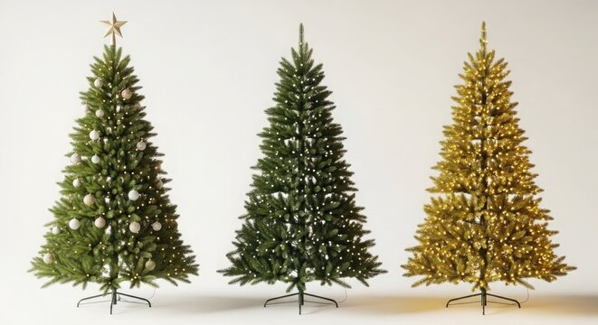 Three artificial christmas trees in different colors