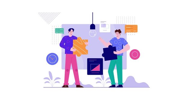 Two coworkers assembling puzzle pieces in creative teamwork animation