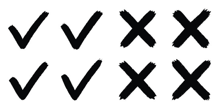 Grunge vector checkmark and cross. Grunge green check mark and red cross mark icon set. brush correct or incorrect sign with circle. Cross box x check mark checkbox v list vector draw hand drawn. 