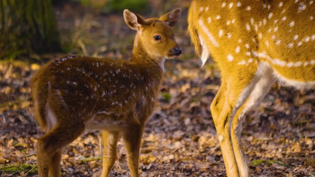 Close up of an axis deer fawn standing in the forest with his mother on a sunny autumn day and drinking from her udder