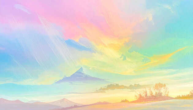 Colorful abstract illustration of mountains and sky with pastel rainbow hues