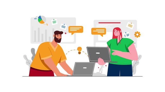 Creative team collaboration animation with laptops, charts and chat bubbles