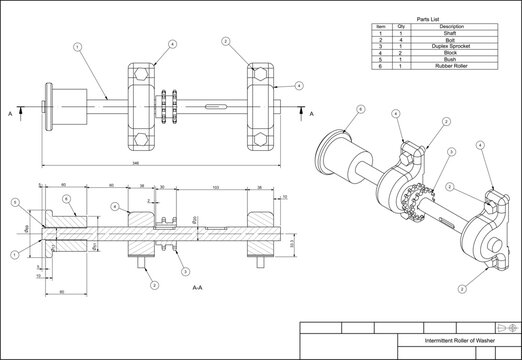 Assembly drawing of roller, sprocket with bracing and shaft of washer. Vector design of steel mechanical device with dimension lines. Engineering technic computer cad scheme on transparent background.