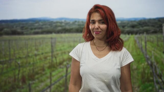 Young hispanic woman in white t shirt smiling slightly points finger to vineyard rows in forest while standing among green vines; quiet confidence.