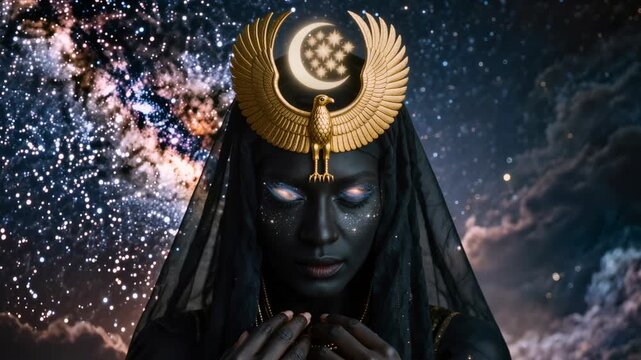 Cosmic Egyptian goddess with starry dark skin, golden falcon and crescent moon crown against galaxy nebula sky. Mystical divine portrait for mythology and fantasy projects.