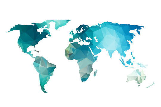 Abstract low poly world map in blue tones. Geometric polygonal continents isolated on light background, modern global design concept illustration.