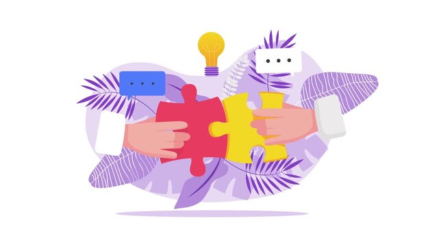 Animated teamwork concept with hands joining puzzle pieces and ideas