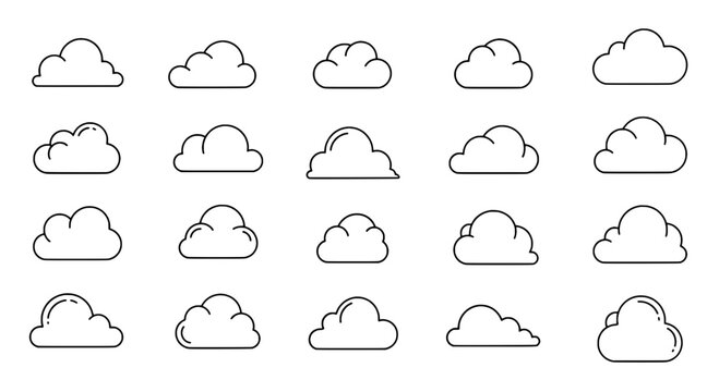 Clouds line drawn set with simple black outline icons, various puffy and wispy shapes. featuring cloud illustrations, cloud graphics, cloud
