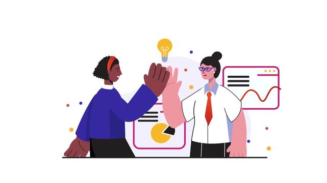 Animated diverse business women high five with charts and lightbulb