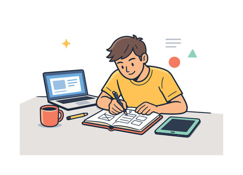 Young designer sketching website wireframes on a notebook with laptop and tablet