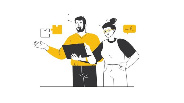 Animated teamwork illustration of man and woman with laptop and puzzle pieces