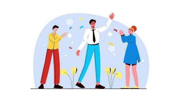 Animated diverse team celebrating success with applause in flat style