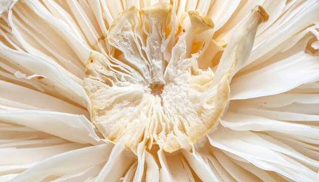Close up of a dried mushroom with textured layers and natural tones