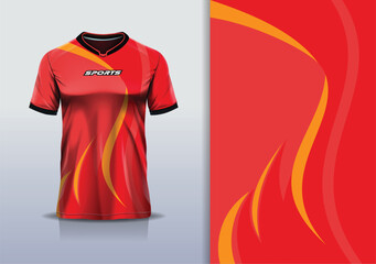 T-shirt mockup with abstract curve lines sport jersey design for football, soccer, racing, esports, running, in red yellow color © Nimpuna O