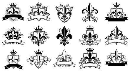 Fleur de lis heraldic symbol set with crowns, shields, and ribbons in black and white. featuring crown, shield, ribbon with emblem and coat of arms © Harun