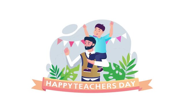 Happy Teachers Day vector illustration of teacher carrying boy on shoulders