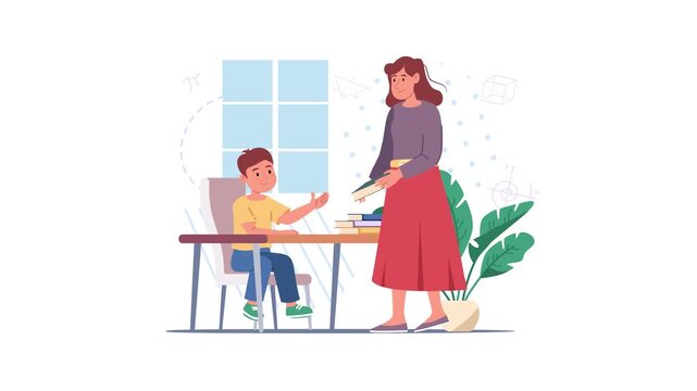 Flat animation of teacher helping student in classroom with books