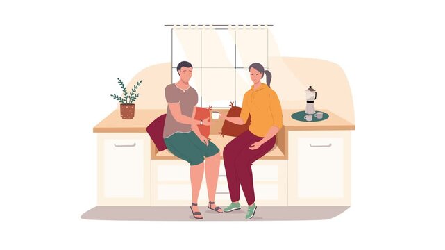 Animated young couple sharing coffee in cozy modern home kitchen
