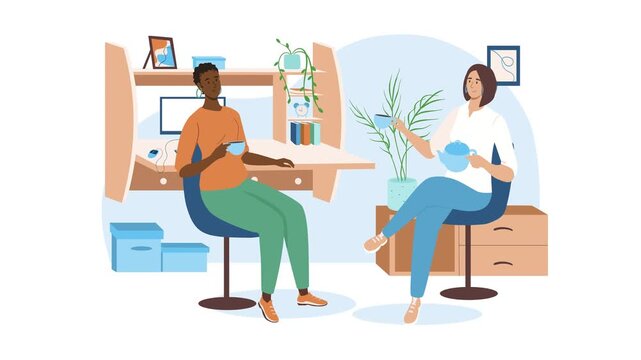 Diverse women chatting with tea in cozy modern home office animation