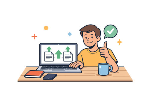 Young man giving thumbs up while working on laptop with successful upload icons