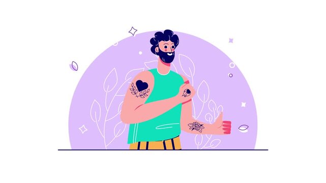 Animated tattooed bearded man giving thumbs up in flat vector style