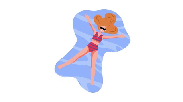 Woman floating in blue pool water in striped swimsuit, vector illustration