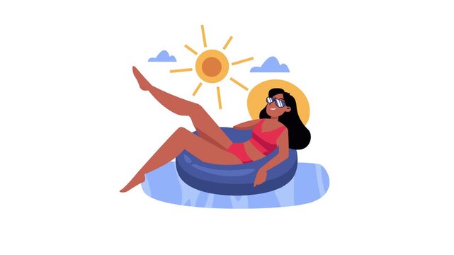 Animated woman relaxing on inflatable float in sunny paradise scene