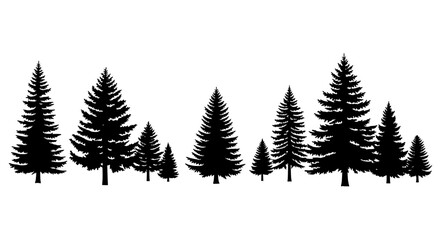 Obraz premium Trees pine forest with black silhouette on white background for nature scenes featuring tree silhouettes, landscape, tree line with tree collection