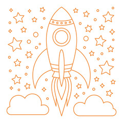 Orange rocket ship with flames and stars flying in space with clouds on transparent. © Mujahid