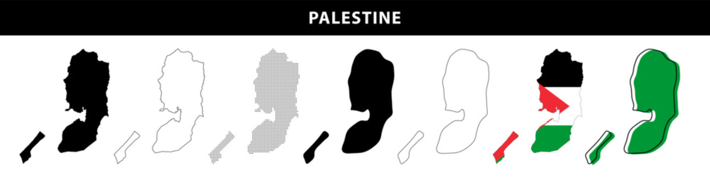 Map of Palestine in Black, Outline, Dotted and Flag Vector Set