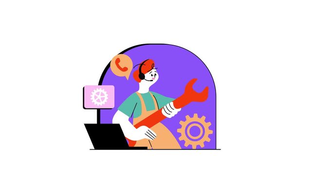 24-hour customer support technician with headset and wrench animation