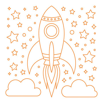 Orange rocket ship with flames and stars flying in space with clouds on transparent.