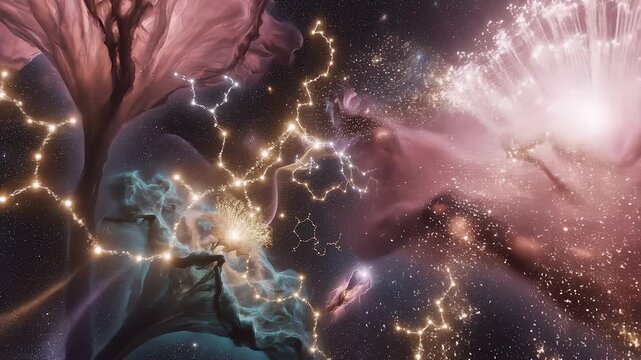 A vast interstellar garden where nebulae resemble glowing cosmic flora, unfolding like petals in slow motion.