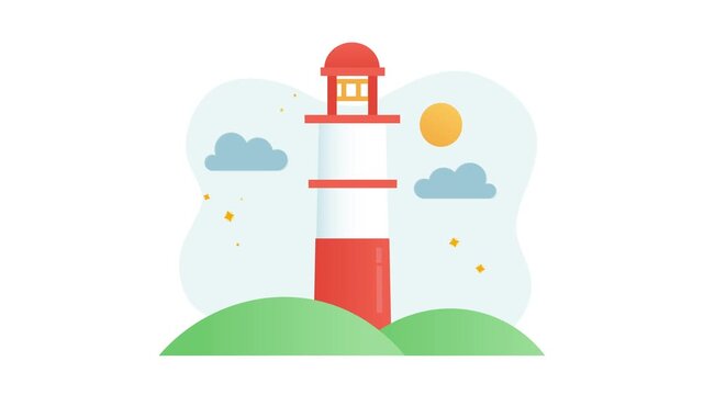 Minimal lighthouse animation on green hills with clouds and sun