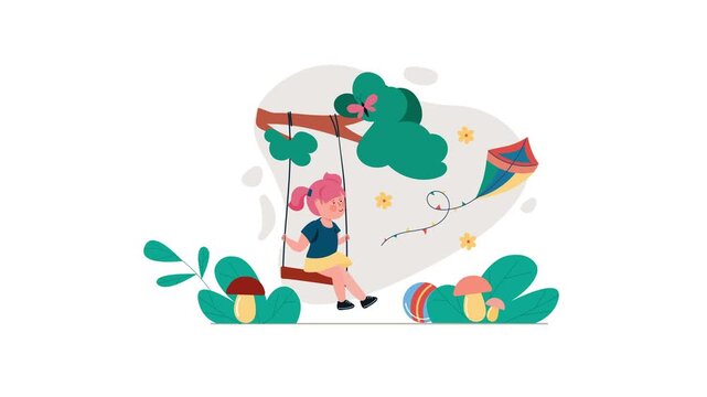 Animated girl on swing flying kite in whimsical spring garden